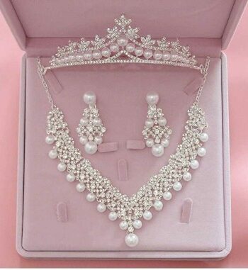 Diadem Tiara Med Smykkesæt Miss Evelyn Pearl