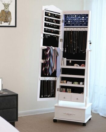 Smykkeskab Med Spejl Hjul Led Lys Skab Til Smykker Hvid