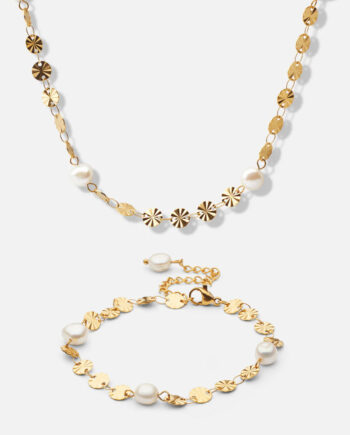 Sun Perlehalskæde Ferskvandsperler  Armbånd 18k Guldbelagt