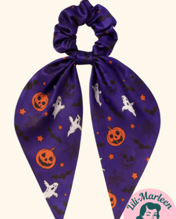 Scrunchi Med Tørklæde Halloween Lilla Med Skelet Spindelvæv Stjerner