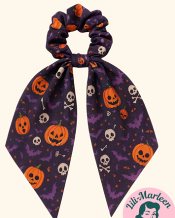 Scrunchi Med Tørklæde Halloween Orange Med Skelet Spindelvæv Stjerner