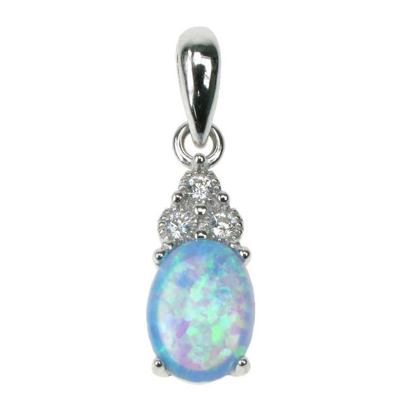 Oval Sølv Smykke Halskæde Vedhæng Med Blå Opal Sten 925 Sterling Sølv Zirkonia Rhodium Belægning