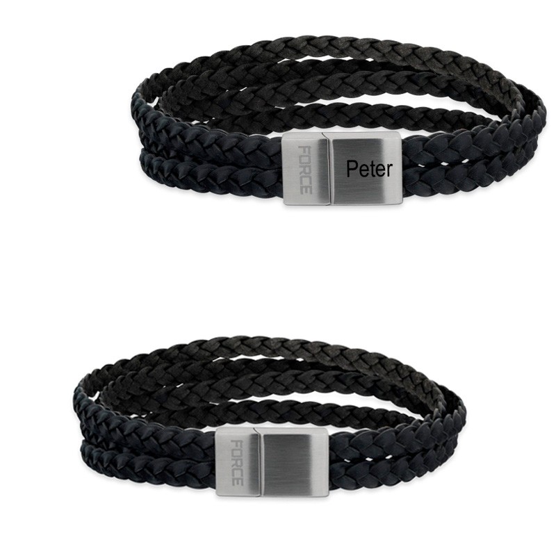 Scrouples Force Læderarmbånd Sort Rækker Stål Rem