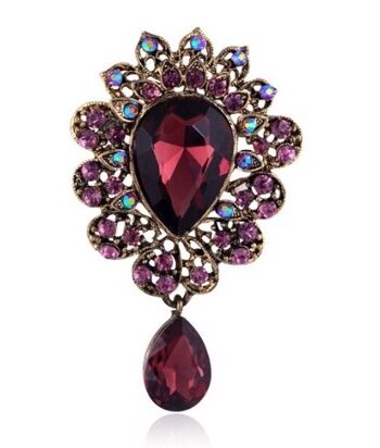 Broche Bronze Dråbe Smuk Broche Vinrøde Blomme Farver Med Smuk Dråbe