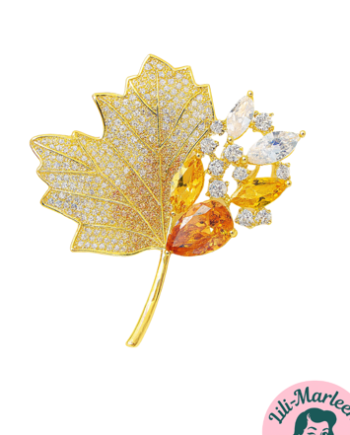 Broche  Golden Autumn Leaf Gyldent Efterårsblad Med Krystaller