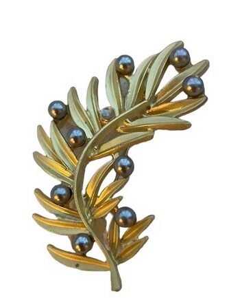 Broche Guld Blad Med Grå Små Perler
