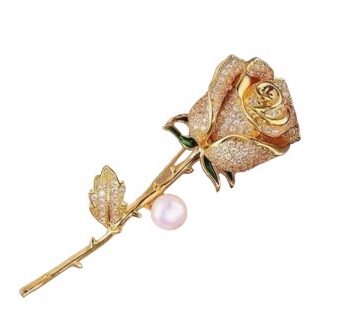 Broche Guld Rose Med Glitrende Sten Perle