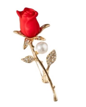 Broche Guld Rose Med Rød Blomst Med Glitrende Sten Perle