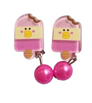 Clips øreringe Ispind Pink Lyserød Gul Med Lille Pink Perle