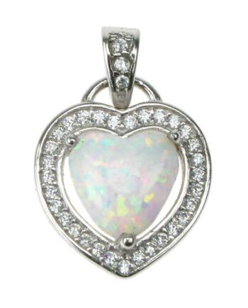 Hjerte Sølv Smykke Halskæde Vedhæng Med Hvid Sne Opal Sten 925 Sterling Sølv Zirkonia   Rhodium Belægning