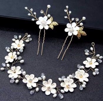 Krystalbånd Med Blomster Sten Perler Cremehvid Guld Hårnåle