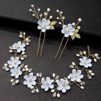 Krystalbånd Med Blomster Sten Perler Guld Blå Hårnåle