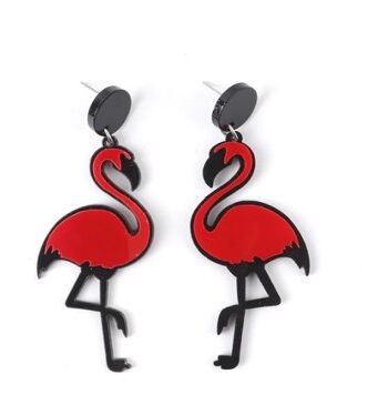 øreringe Hængeøreringe Flamingo Rød Sort