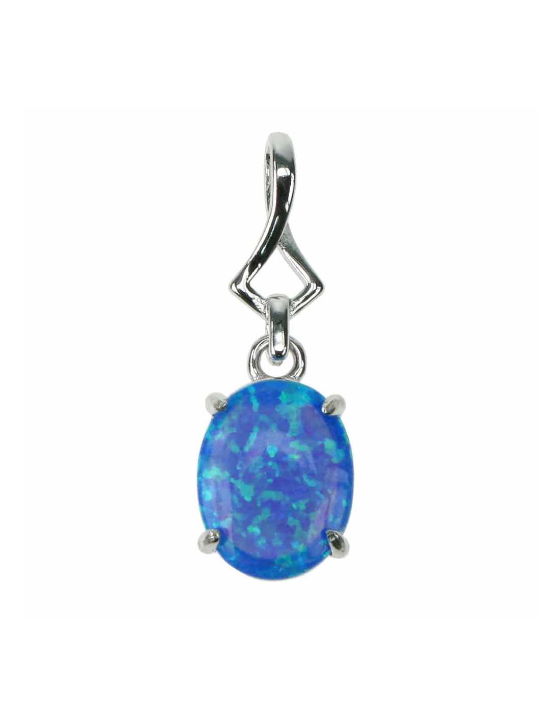 Oval Opal Smykke Vedhæng Med Blå Opal Sten 925 Sterling Sølv Rhodium Belægning