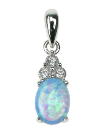 Oval Sølv Smykke Halskæde Vedhæng Med Blå Opal Sten 925 Sterling Sølv Zirkonia   Rhodium Belægning