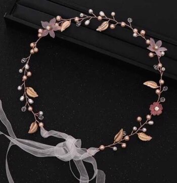 Perle Blomsterkrans Med Perler Lyserøde Blomster Guld Blade