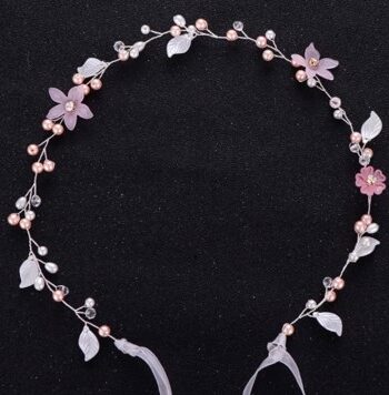 Perle Blomsterkrans Med Perler Lyserøde Blomster Sølv Blade