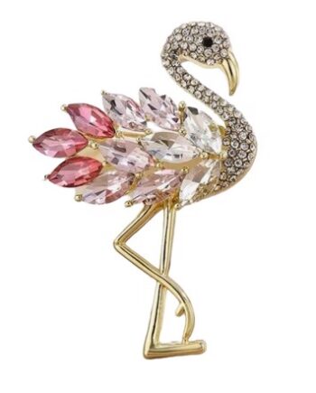 Broche Flamingo Guld Med Glitrende Sten Lyserød Pink