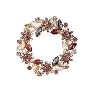 Broche Guld Cirkel Med Blomster Blade   Sten Jordfarver