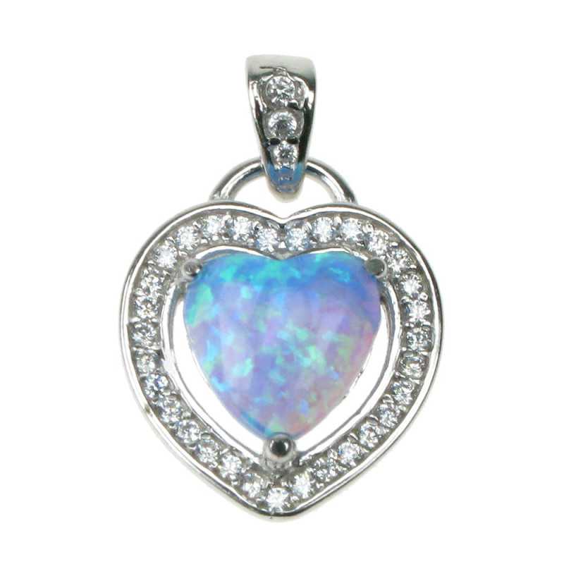 Hjerte Sølv Smykke Halskæde Vedhæng Med Blå Opal Sten 925 Sterling Sølv Zirkonia Rhodium Belægning