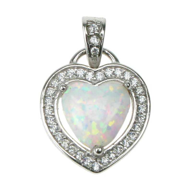 Hjerte Sølv Smykke Halskæde Vedhæng Med Hvid Sne Opal Sten 925 Sterling Sølv Zirkonia Rhodium Belægning