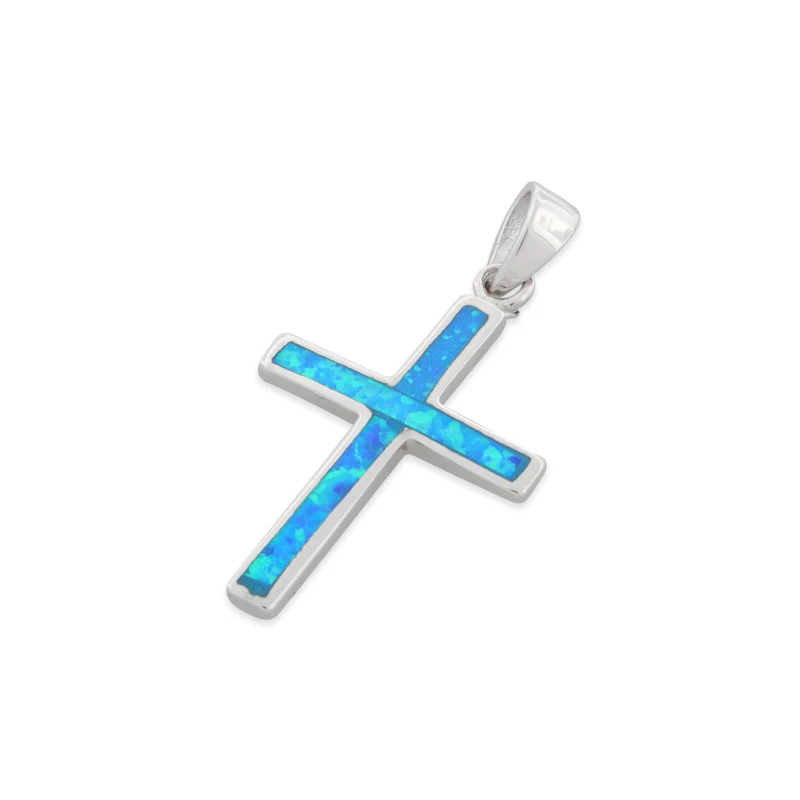 Kors Opal Smykke Vedhæng Med Blå Opal Sten 925 Sterling Sølv Rhodium Belægning