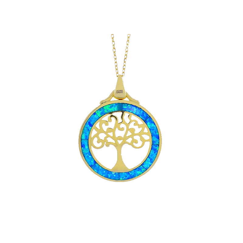 Livets Træ Opal Livets Træ Smykke Halskæde Vedhæng Med Blå Opal Sten 925 Sterling Sølv Rhodium Belægning