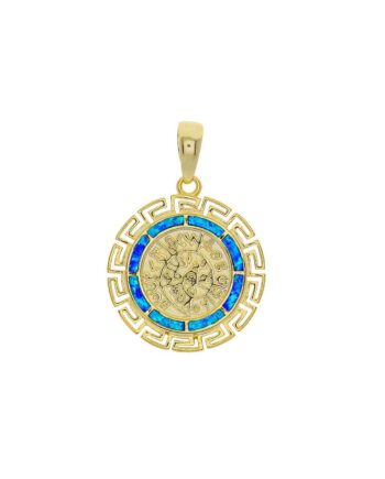 Phaistos Disc Gaia Smykke Vedhæng Med Blå Opal Sten 925 Sterling Sølv   Guldbelægning