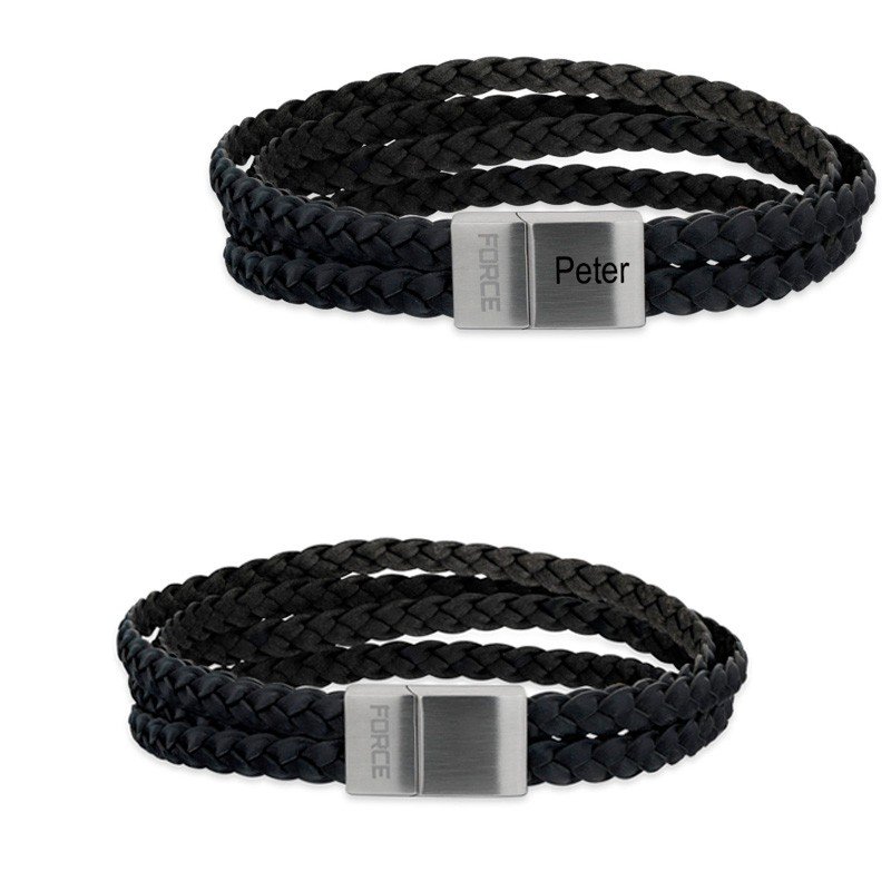Scrouples Force Læderarmbånd Sort Rækker Stål Rem