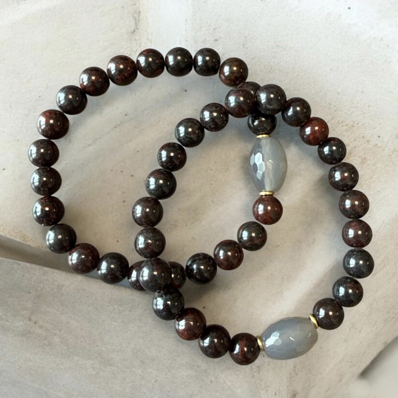 Armbånd Friihof Siig Brune Perler Aflang Grå Perle