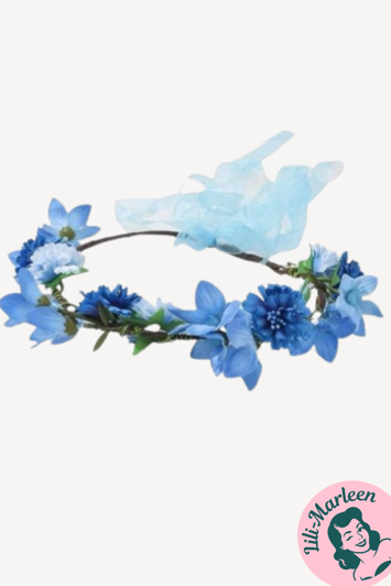 Blomsterkrans Med Blå Blomster Chiffonbånd