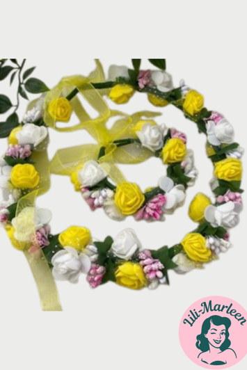 Blomsterkrans Med Roser Silkebånd Hvid Gul Med Lille Corsage