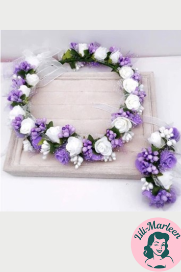 Blomsterkrans Med Roser Silkebånd Lilla Hvid Med Lille Corsage