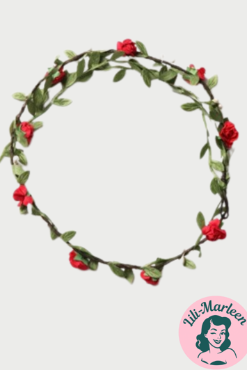 Blomsterkrans Med Små Røde Roser Perler Bladranke