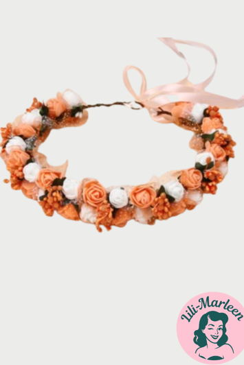 Blomsterkrans Med Små Roser Tyl Mørk Peach Hvid