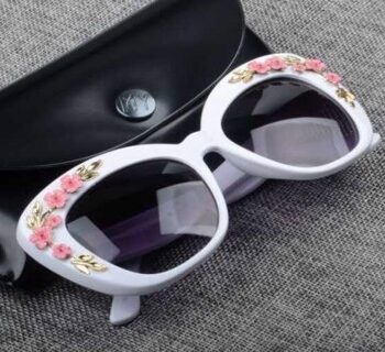 Cateye Solbriller Deluxe Hvide Med Blomster Guld Lyserød